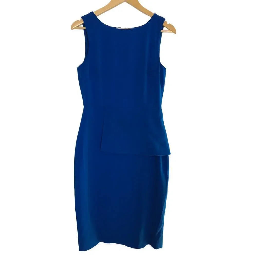 Badgley Mischka Peplum Dress Sleeveless Boat Neck Flap Sheath Knee Length Blue 6